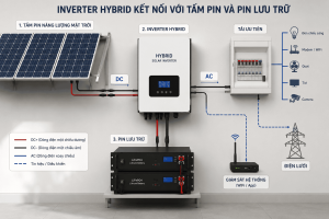 Inverter hybrid kết nối với tấm pin và pin lưu trữ