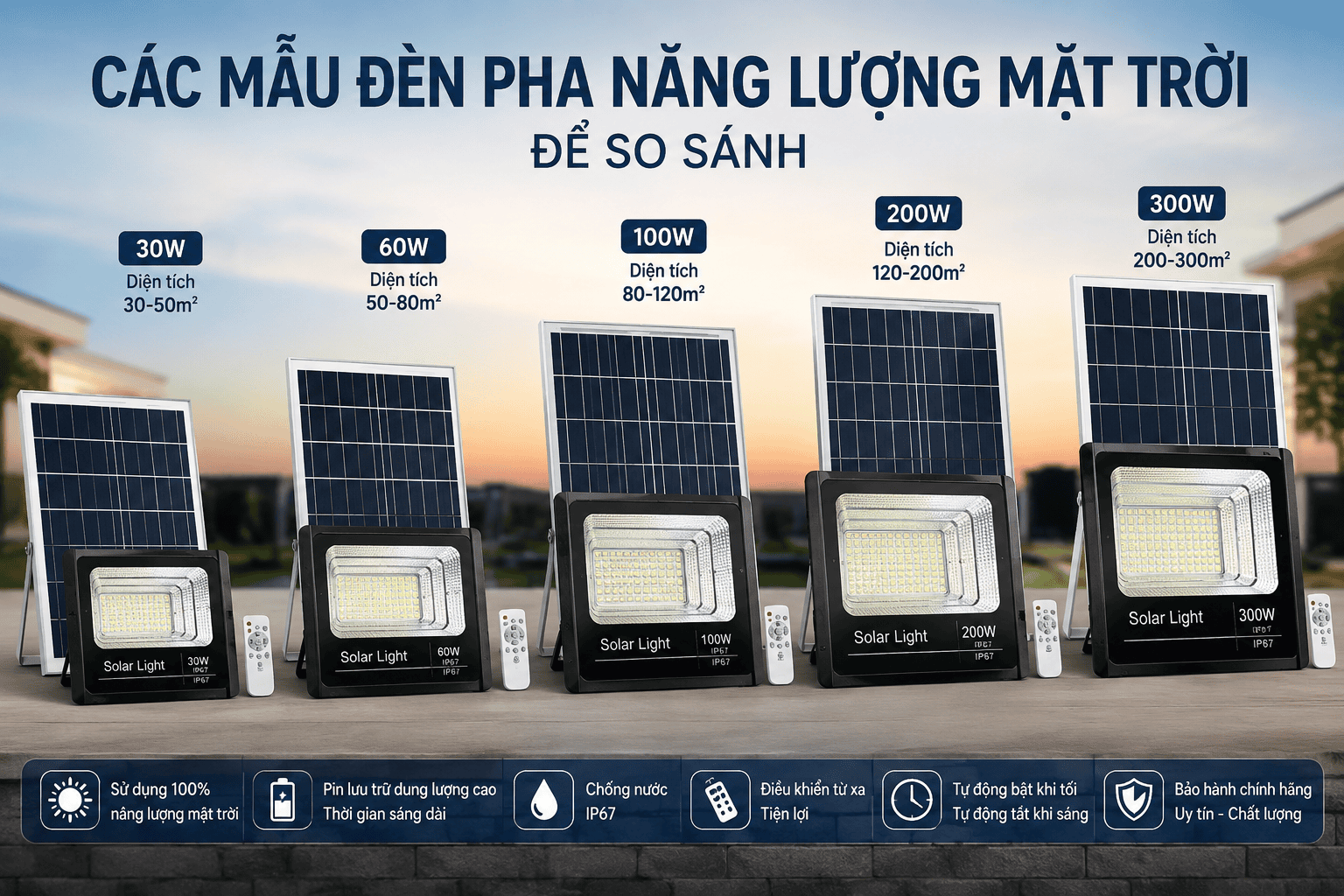 Các mẫu đèn pha năng lượng mặt trời để so sánh