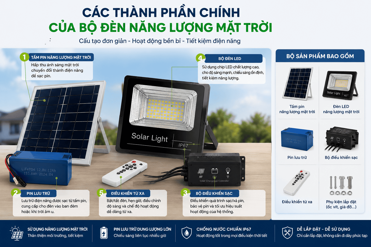Các thành phần chính của bộ đèn năng lượng mặt trời