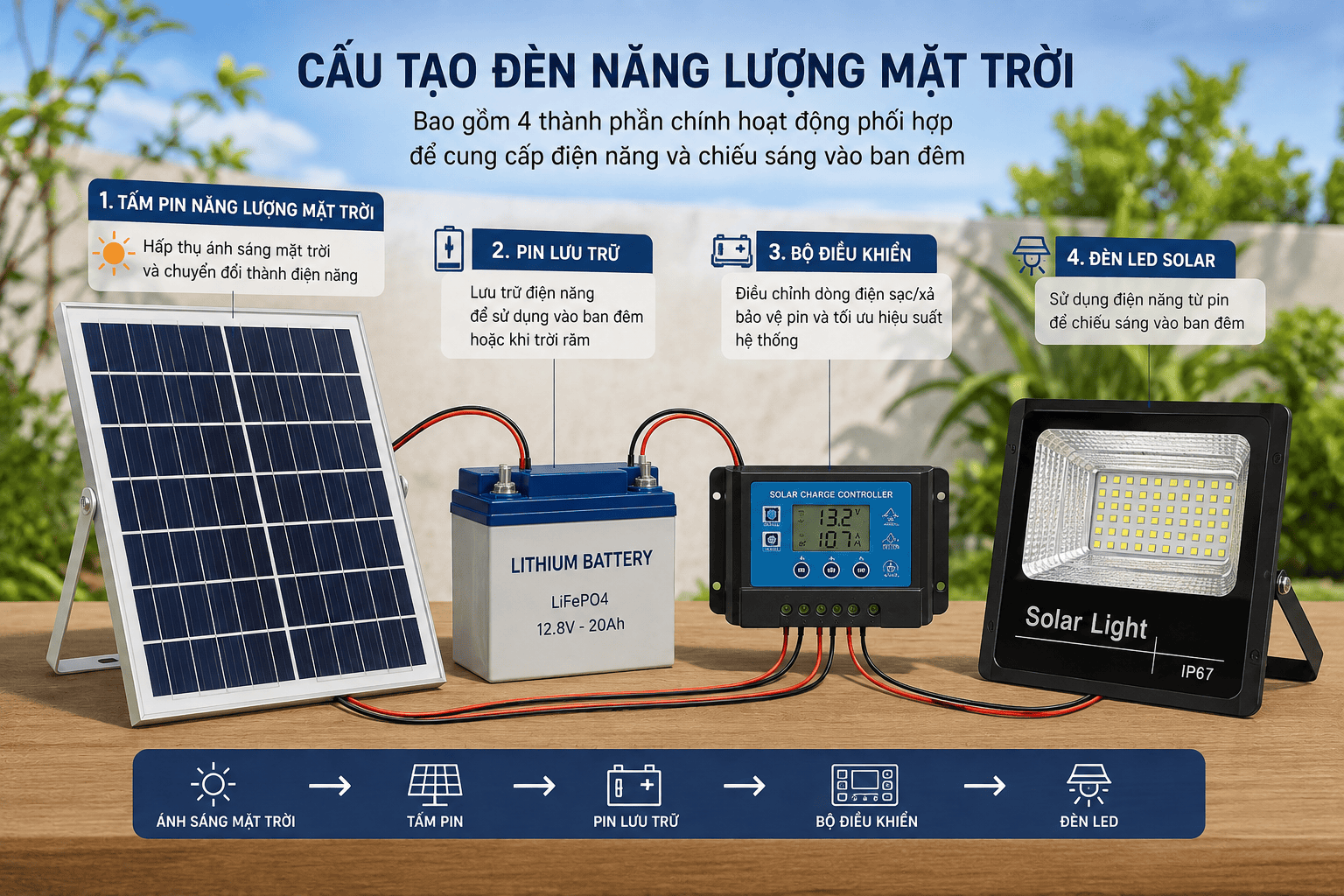 Tấm pin, pin lưu trữ, bộ điều khiển và đèn LED solar