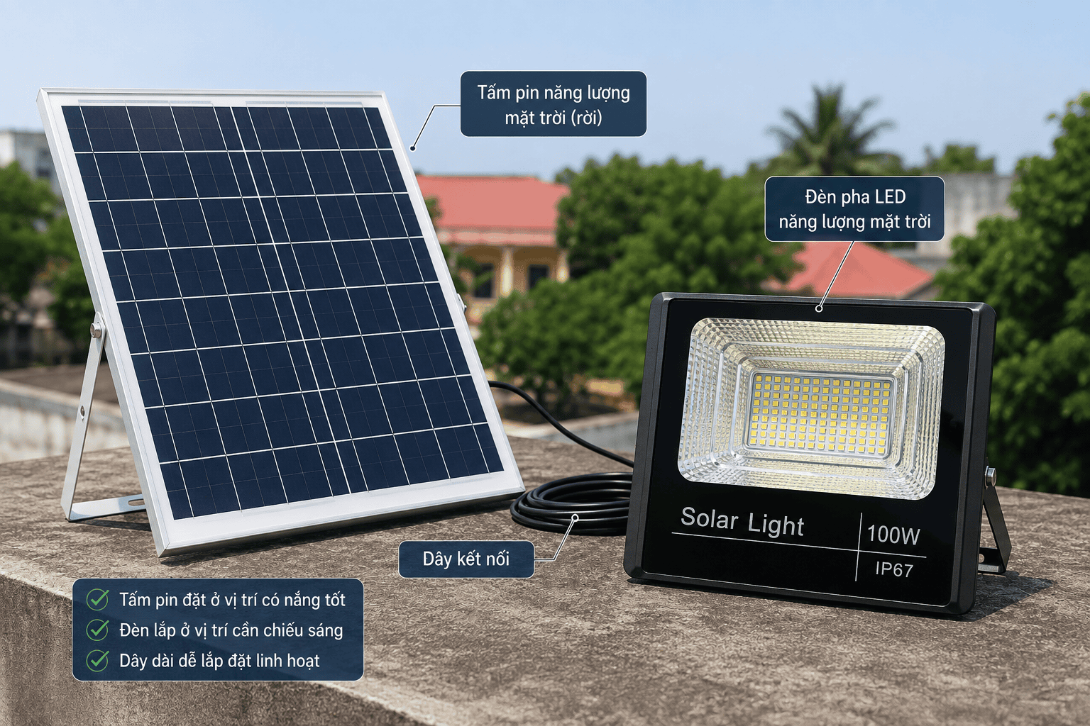 Đèn pha solar sử dụng tấm pin năng lượng mặt trời rời