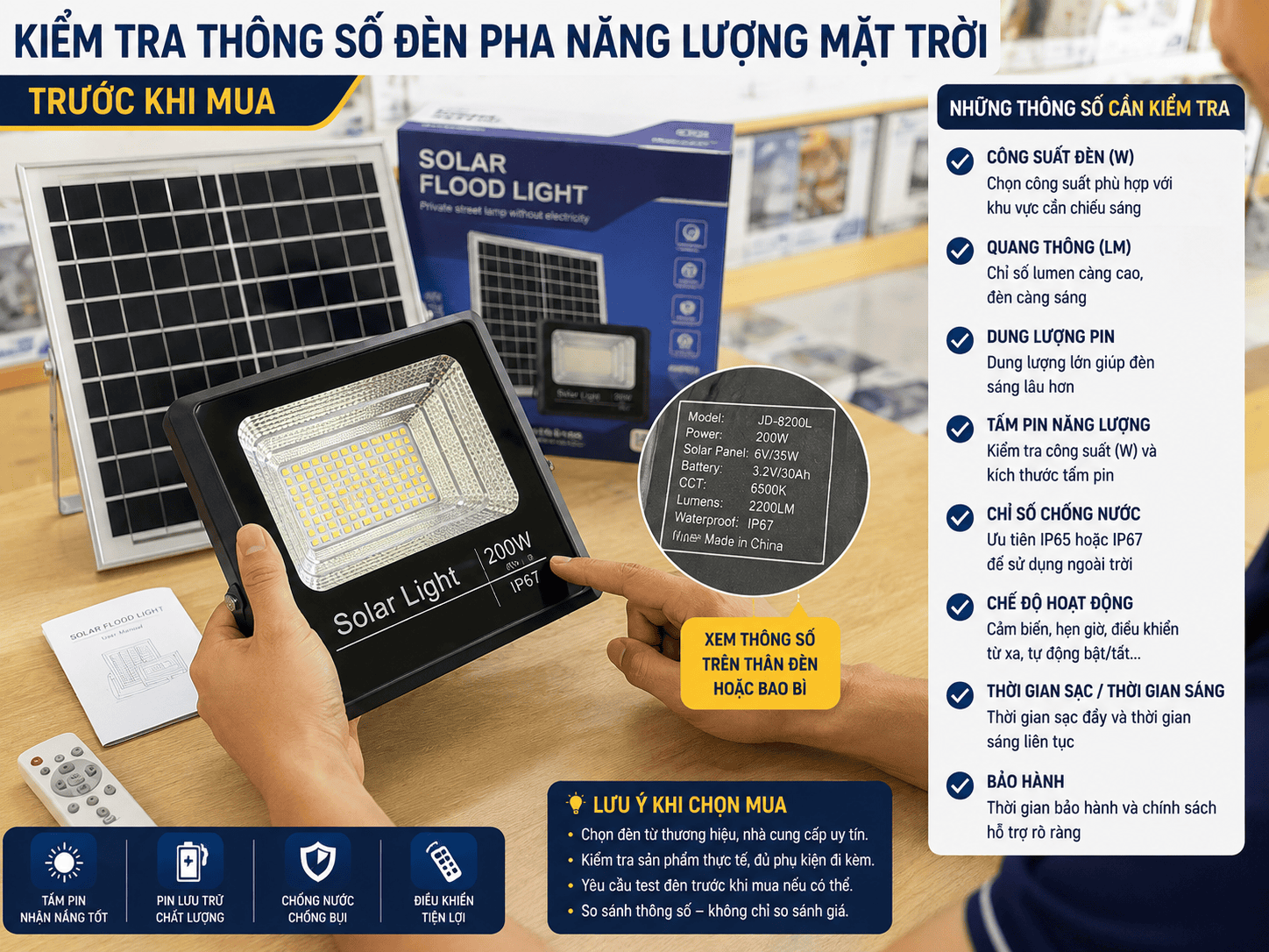 Kiểm tra thông số đèn pha năng lượng mặt trời trước khi mua