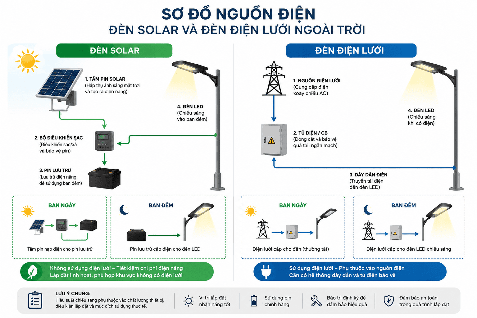 Sơ đồ nguồn điện của đèn solar và đèn điện lưới