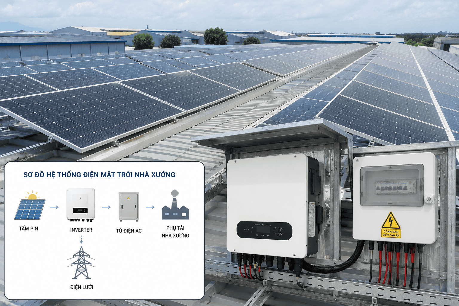 Tấm pin và inverter của hệ thống điện mặt trời nhà xưởng