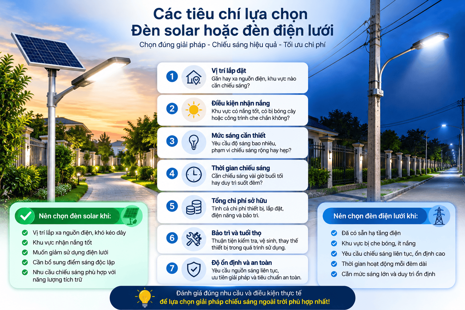 Các tiêu chí lựa chọn đèn solar hoặc đèn điện lưới