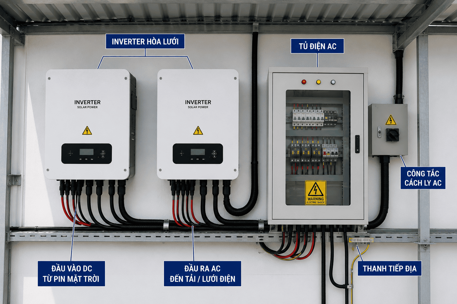 Khu vực inverter và tủ điện của hệ thống điện mặt trời